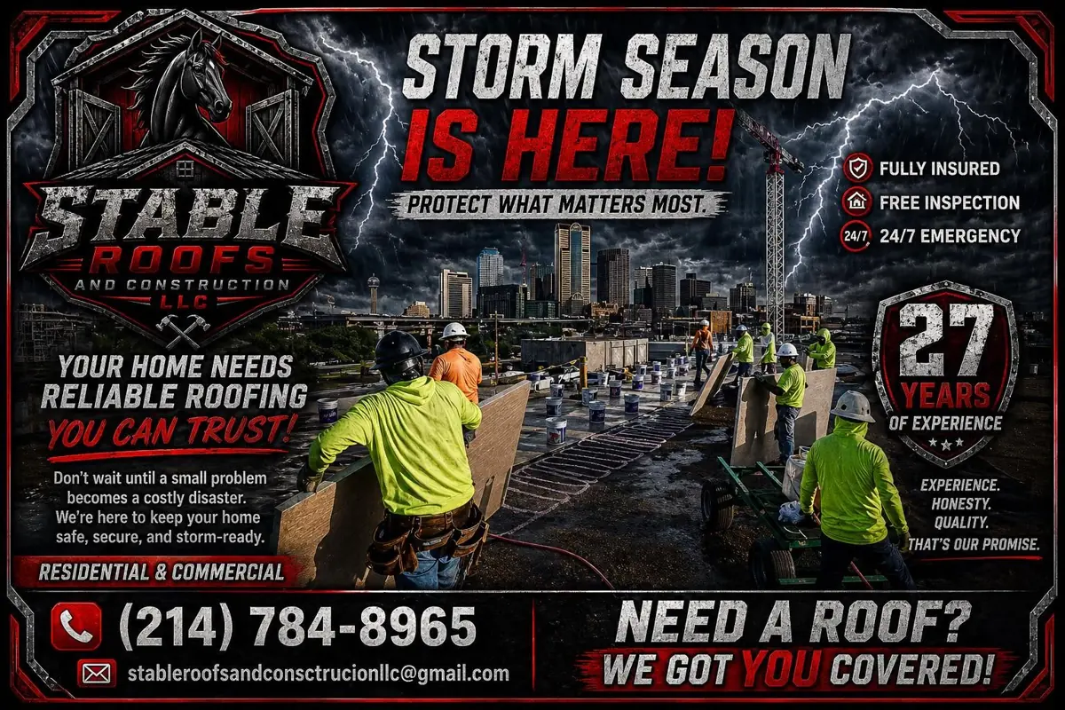 Stable Roofs storm season flyer with crew on a roof