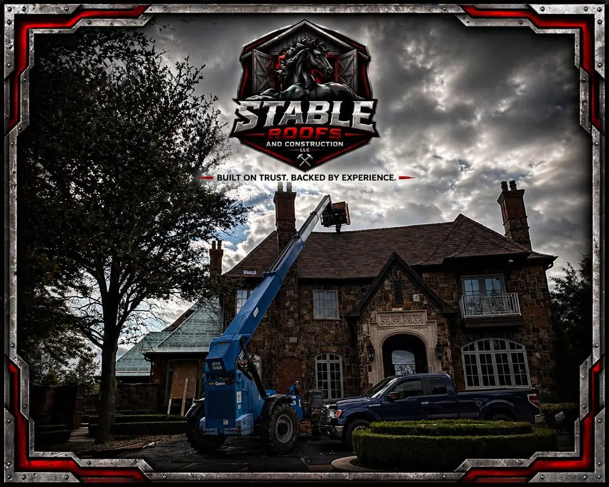 Stable Roofs crew working on a brick home's roof with a boom lift